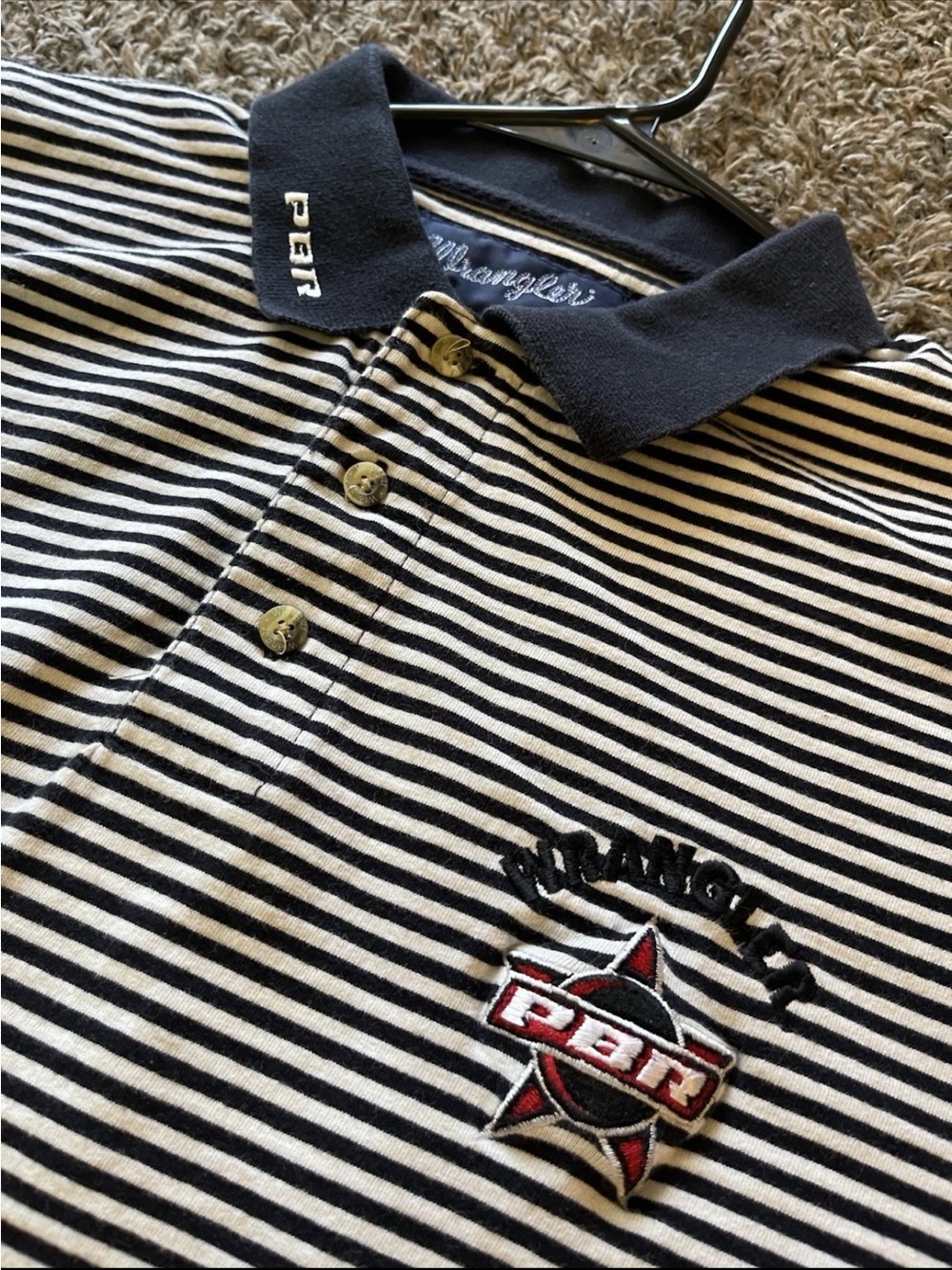 VTG Late 90s Early Y2K Wrangler By PBR White Black Striped Polo Western Shirt